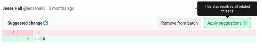 Apply a batch of suggestions A code change suggestion displayed, with the button to apply the batch of suggestions highlighted.
